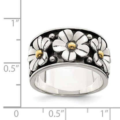 Sterling Silver Antiqued 14k Gold Centers Daisy Ring