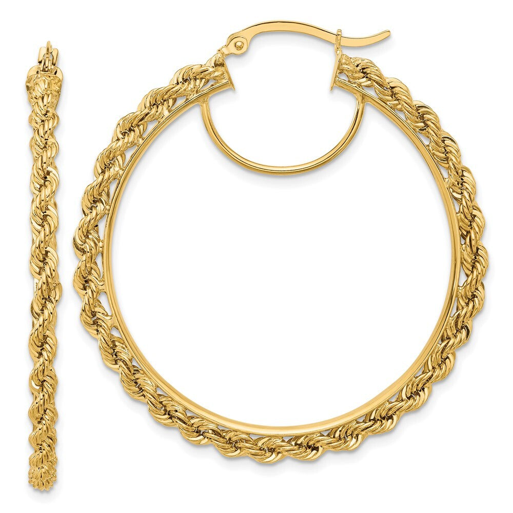 14k Yellow Gold Polished and D/C Rope 2.95mm Hoop Earrings