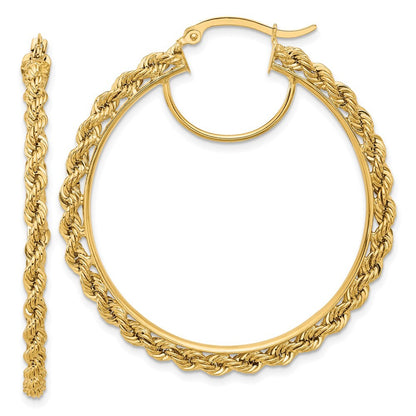 14k Yellow Gold Polished and D/C Rope 2.95mm Hoop Earrings