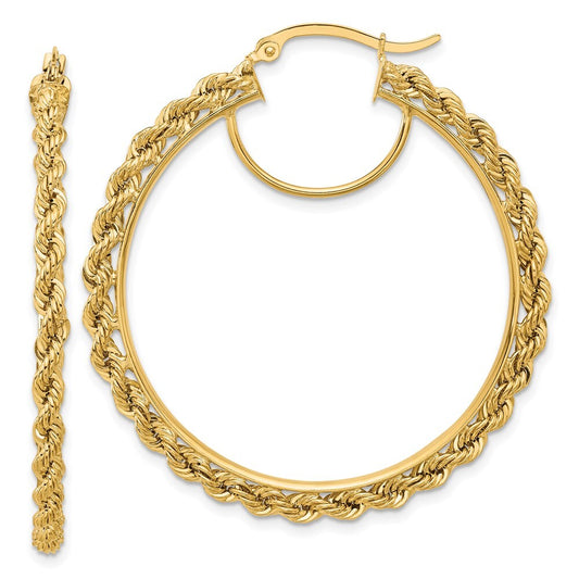 14k Yellow Gold Polished and D/C Rope 2.95mm Hoop Earrings
