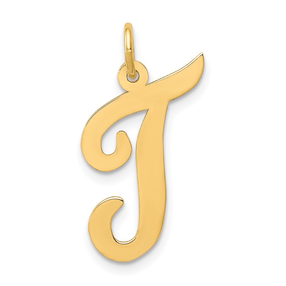 14k Yellow Gold Large Script Letter T Initial Charm Pendant for Women