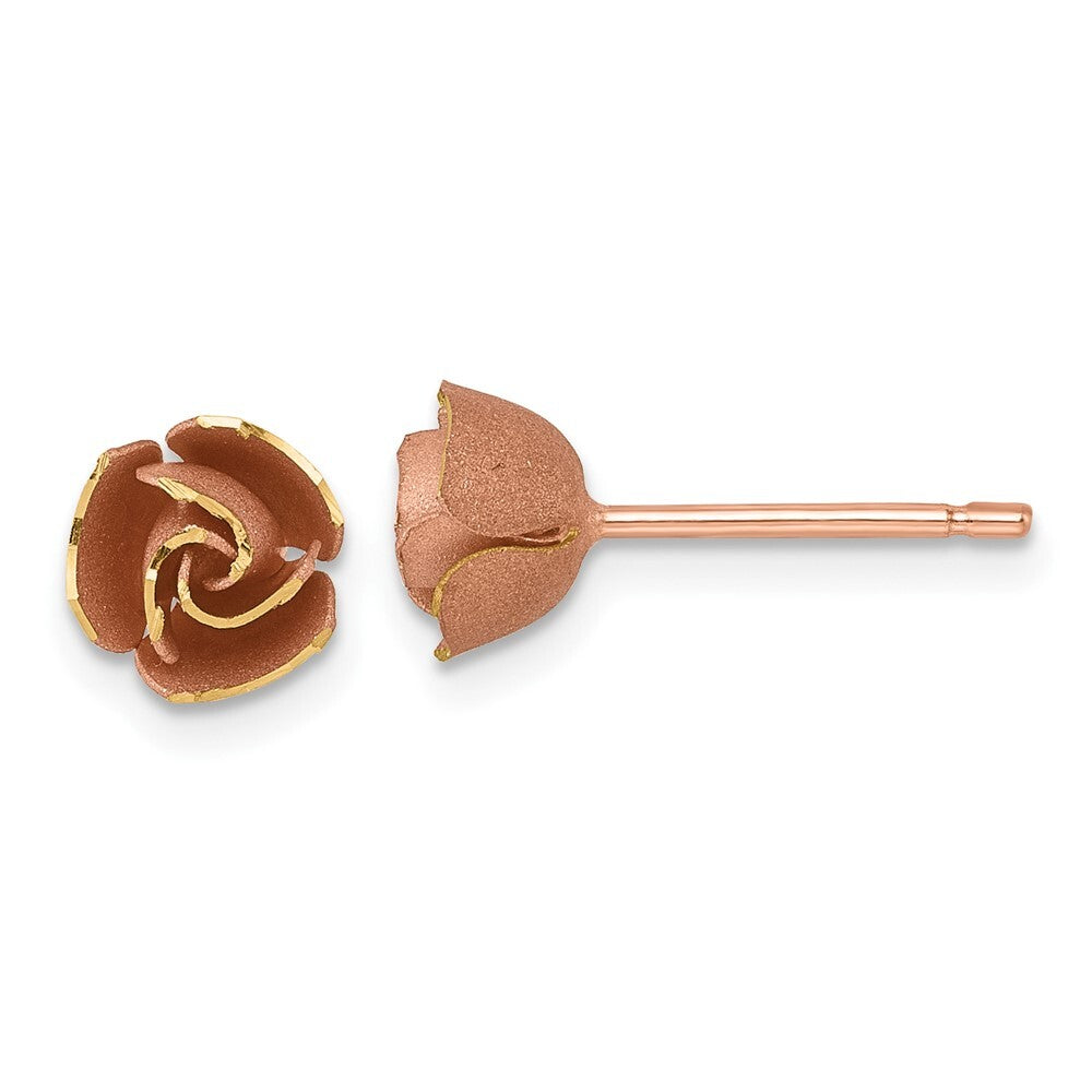 14k Yellow Gold Rose Rhodium Brushed Rose Flower Stud Earrings Gift for Women