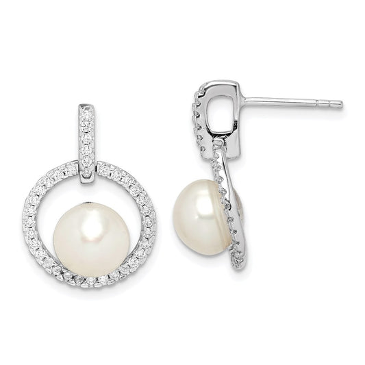Sterling Silver 8-9mm Freshwater Cultured Pearl and CZ Dangle Earrings