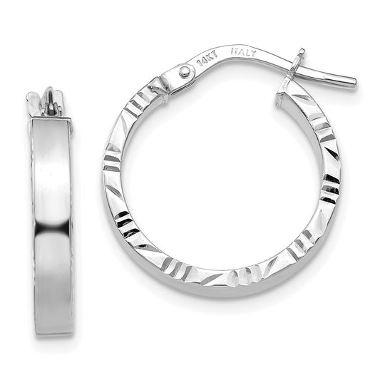 14K White Gold Small 3mm Diamond Cut Edge Polished Hoop Earrings Gift for Women