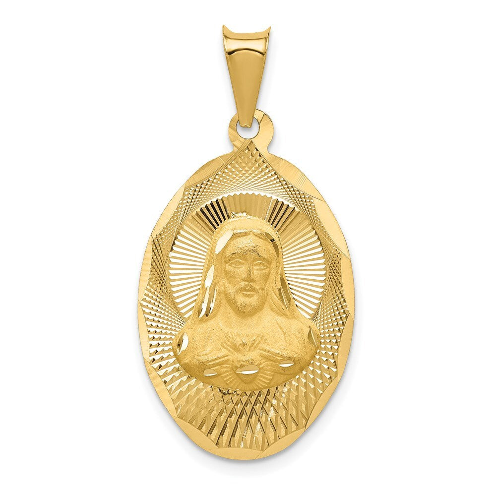 14k Yellow Gold Polished Diamond-Cut Sagrado Corazon Oval Pendant for Women