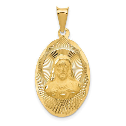 14k Yellow Gold Polished Diamond-Cut Sagrado Corazon Oval Pendant for Women