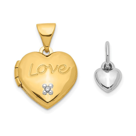 14k Two-tone Diamond LOVE with Poem on Reverse Heart Charm 12mm Heart Locket