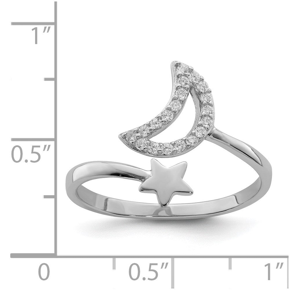 Sterling Silver Rhodium-plated Cubic Zirconia Moon and Star Ring Size 7