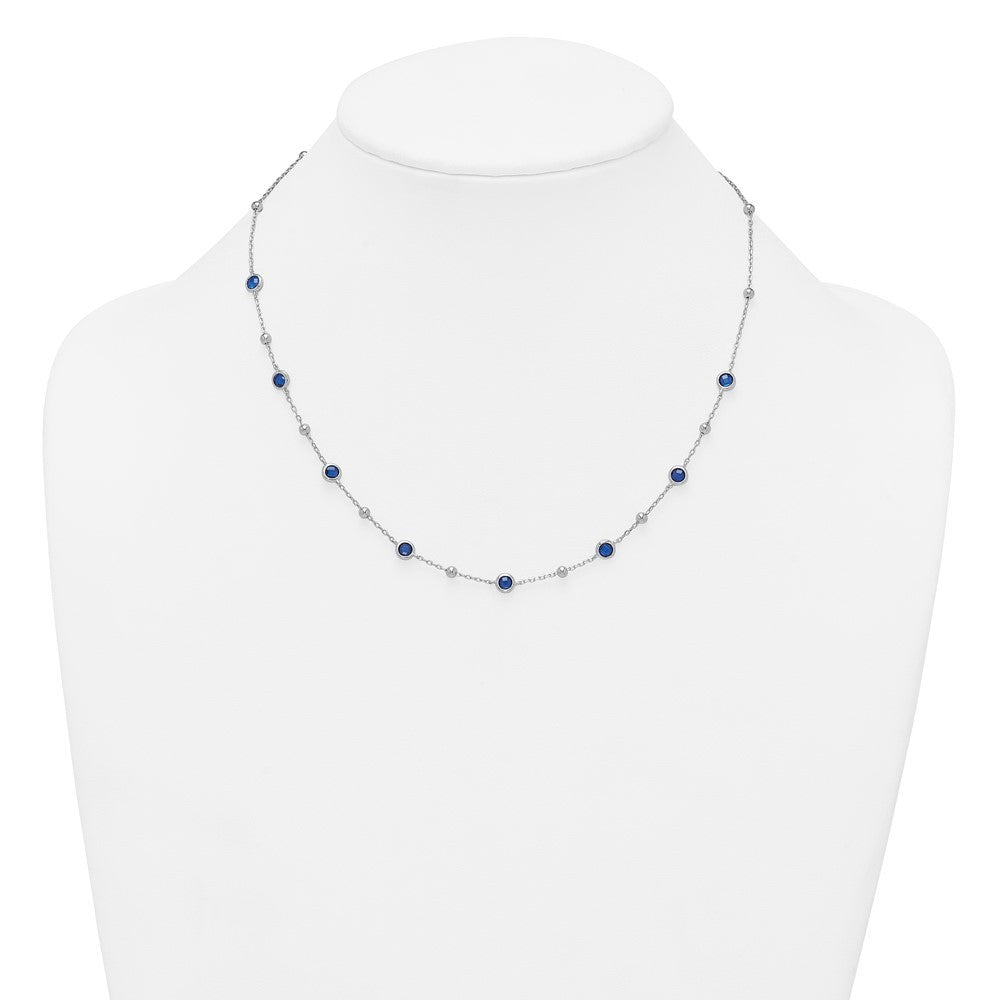Sterling Silver &Beaded Bezel-set Round Blue CZ 16" with 2" Extension Necklace