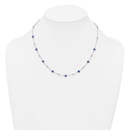 Sterling Silver &Beaded Bezel-set Round Blue CZ 16" with 2" Extension Necklace