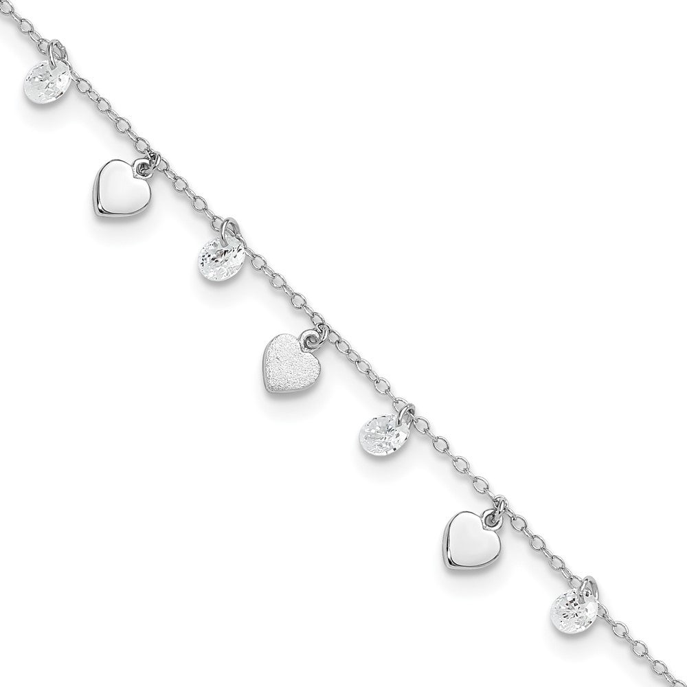 Sterling Silver Rhodium-plated Hearts and CZ 8.75" Plus 1" Extender 9.75" Anklet