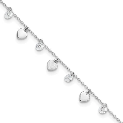 Sterling Silver Rhodium-plated Hearts and CZ 8.75" Plus 1" Extender 9.75" Anklet