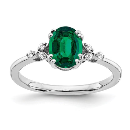 Sterling Silver Rhodium-plated Created Emerald and Diamond Ring Size 7