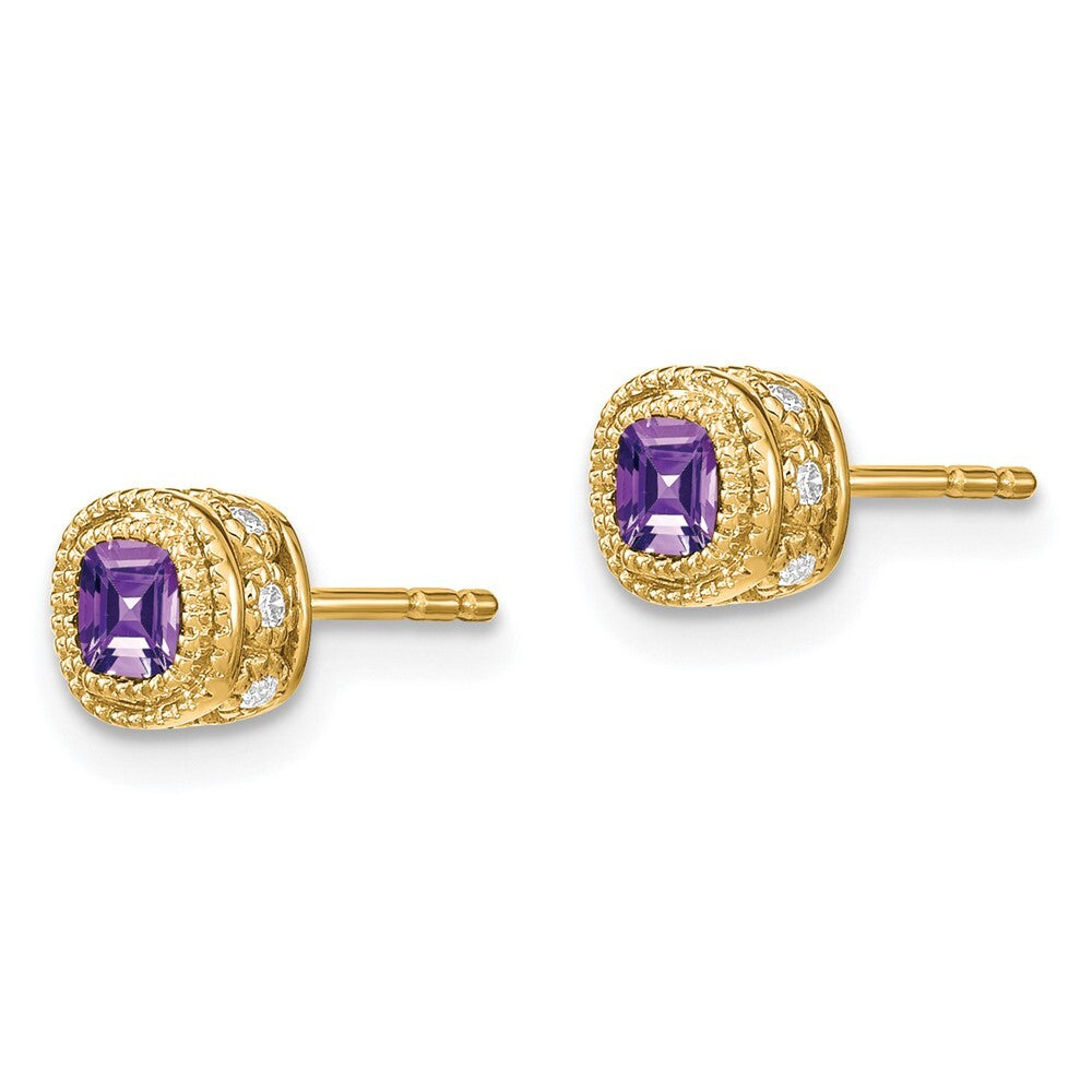 14k Yellow Gold Cushion Amethyst and Diamond Stud Earrings
