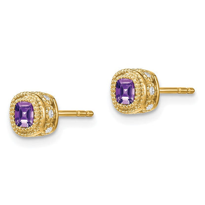 14k Yellow Gold Cushion Amethyst and Diamond Stud Earrings