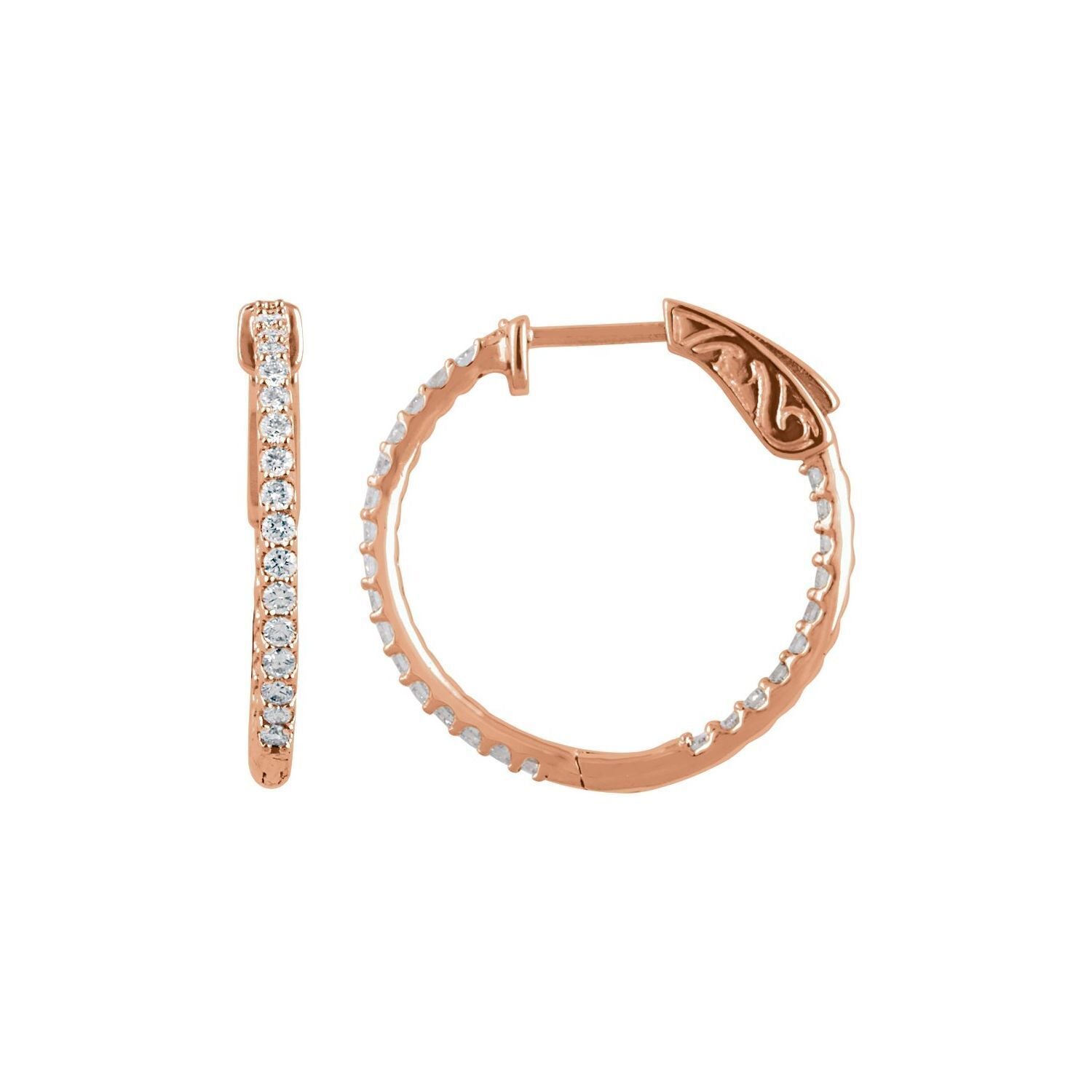 14k Rose Gold 3/4 CTW Natural Diamond Inside-Outside 23 mm Hinged Hoop Earrings