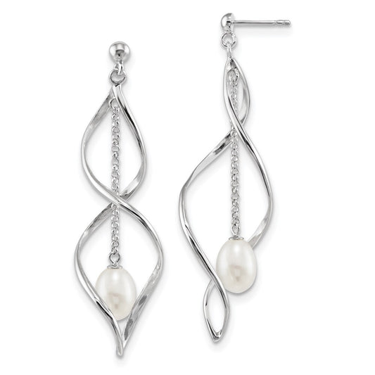 Sterling Silver 7-8mm White Rice Freshwater Cultured Pearl Post Dangle Earring