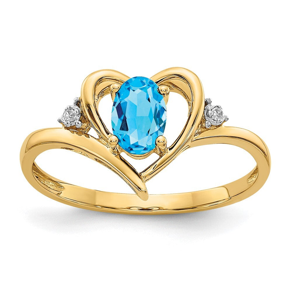 14K Yellow Gold Blue Topaz and Diamond Heart Ring