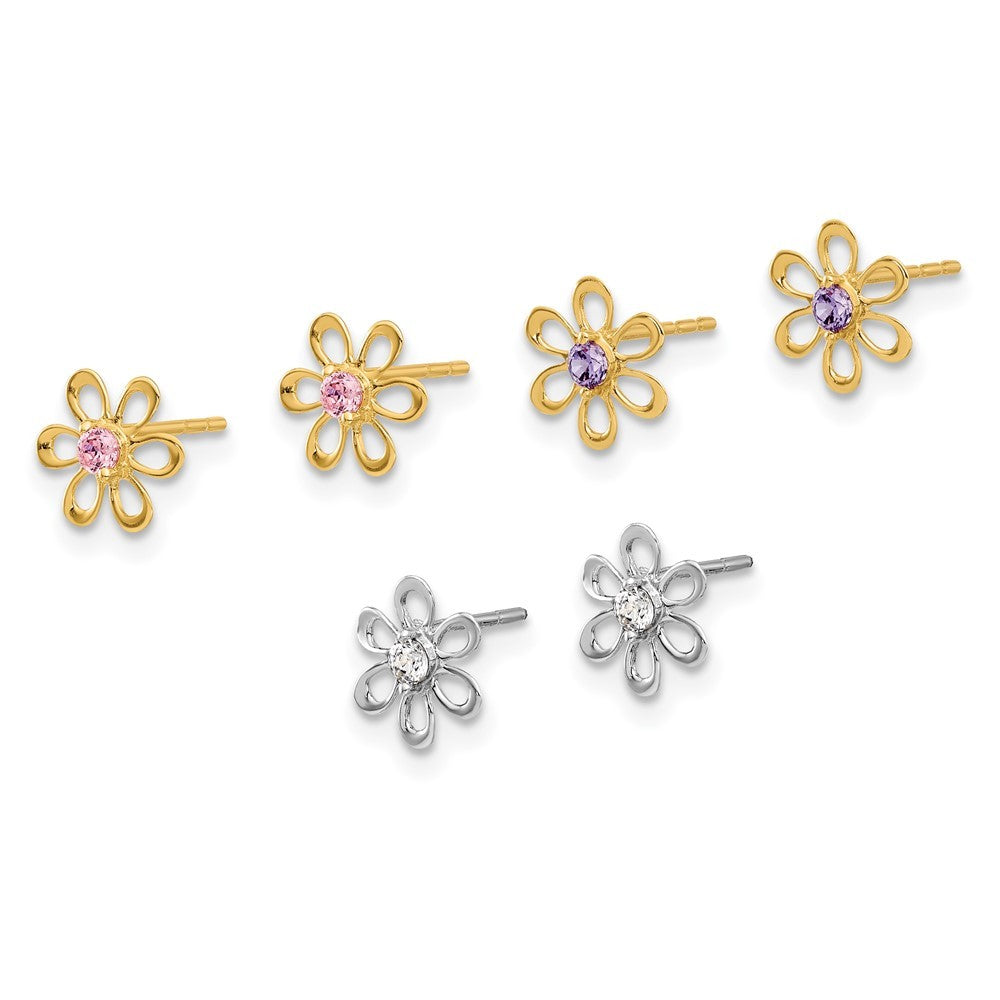 14K Yellow and White Gold Multi-color CZ Flower Earring Set