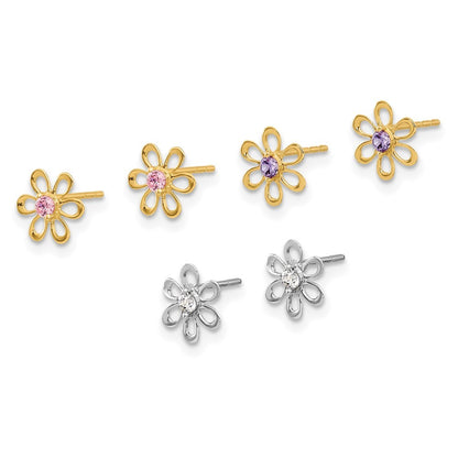 14K Yellow and White Gold Multi-color CZ Flower Earring Set