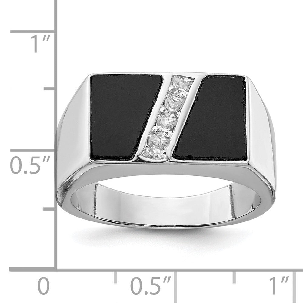 Sterling Silver Rhodium-plated Men's Cubic Zirconia and Onyx Ring Size 10