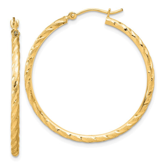 14k Yellow Gold Polished and Satin Diamond-Cut 2mm Hoop Earrings