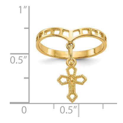 14K Yellow Gold Polished Cross Dangle Charm Ring