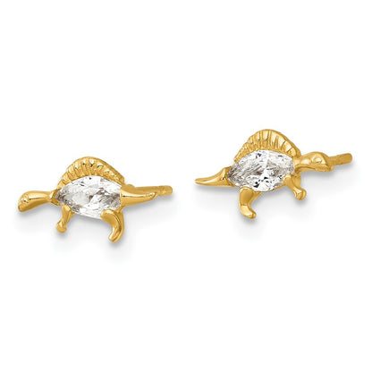 14k Yellow Gold Polished and Grooved Cubic Zirconia Stegosaurus Stud Earrings