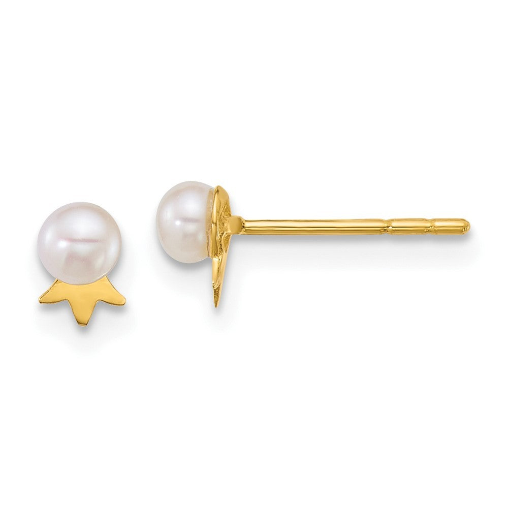 14k Yellow Gold Polished 3-4mm Freshwater Cultured Pearl with Crown Earrings