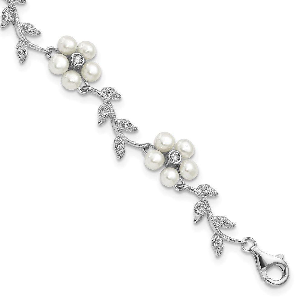 Sterling Silver Rhodium-plated CZ Vine Pattern Cultured Pearl Floral 7" Bracelet