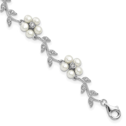 Sterling Silver Rhodium-plated CZ Vine Pattern Cultured Pearl Floral 7" Bracelet