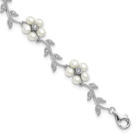 Sterling Silver Rhodium-plated CZ Vine Pattern Cultured Pearl Floral 7" Bracelet