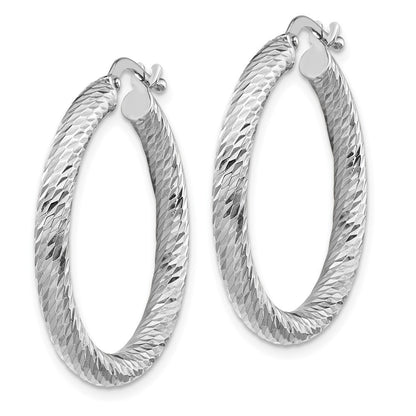 14k White Gold 3x20mm Diamond-cut Round Hoop Earrings