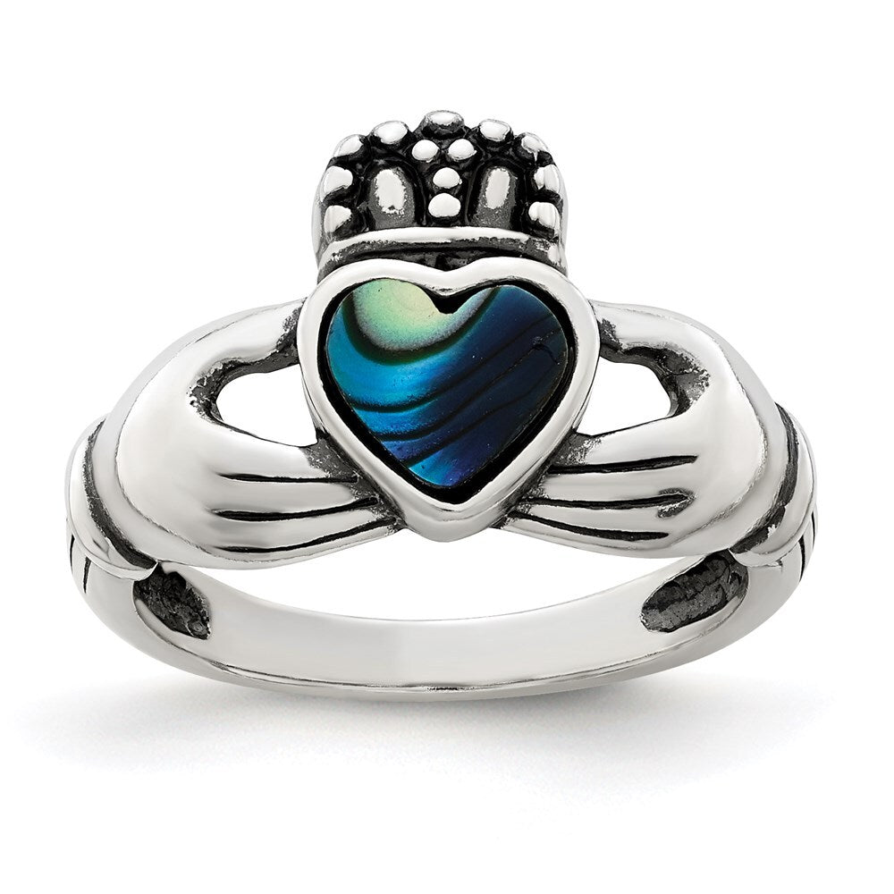 Sterling Silver Antiqued Abalone Inlay and Black Enamel Claddagh Ring Size 6