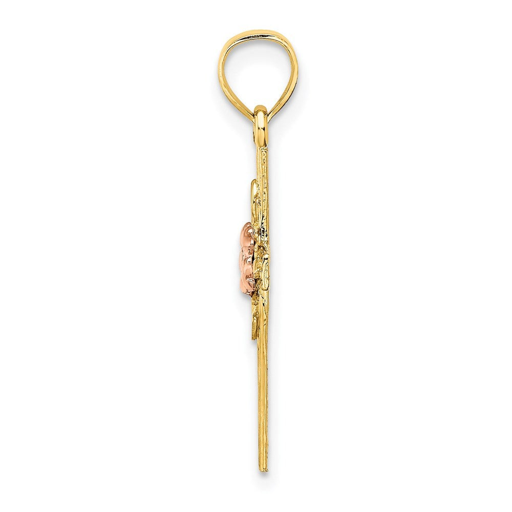 14k Two-Tone Textured Cross w/ Flower Charm