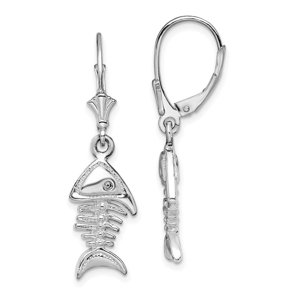 Sterling Silver Rhodium-Plated Polished 3D Fishbone Leverback Earrings