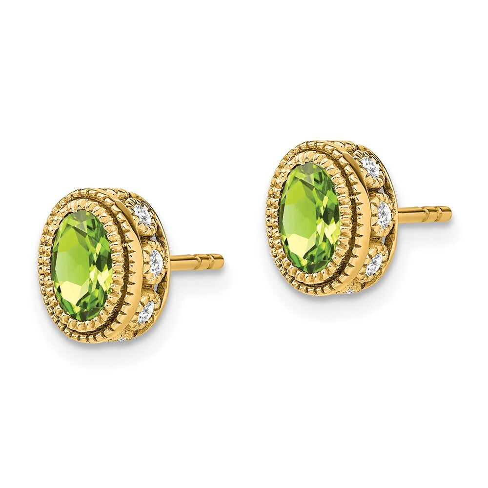 14k Yellow Gold Oval Peridot and Diamond Stud Earrings
