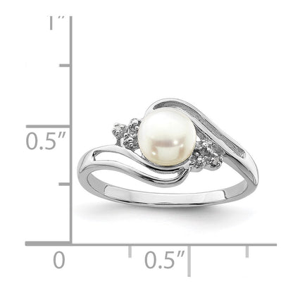 Sterling Silver Rhodium 6mm FW Cultured Button Pearl & Diamond Ring Size 6