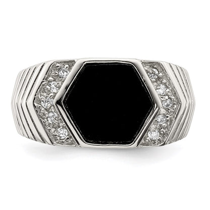 Sterling Silver Rhodium-plated Men's Cubic Zirconia and Onyx Ring Size 10