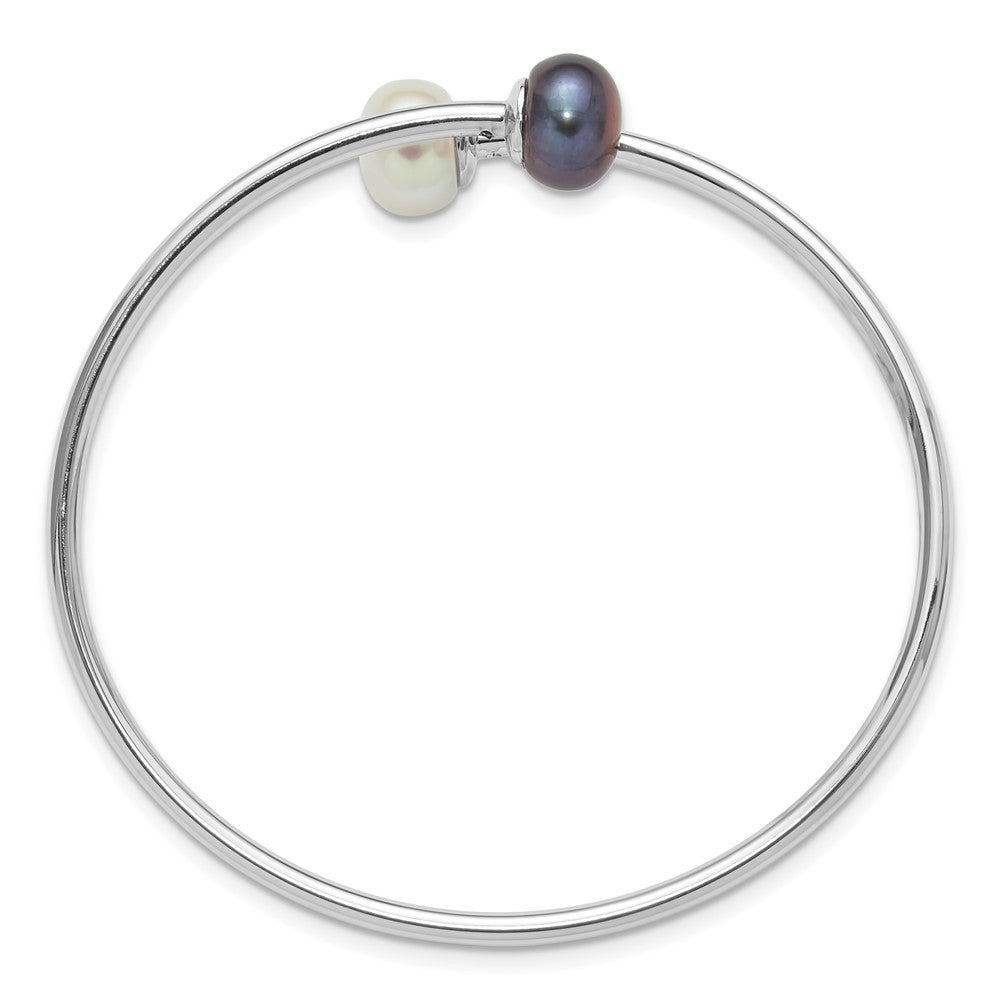Sterling Silver 9-10mm Black and White Cultured Pearl Flexible Cuff Bangle