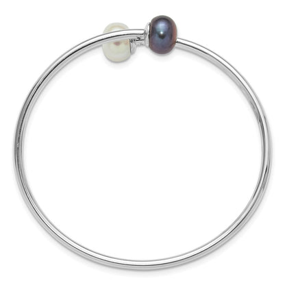 Sterling Silver 9-10mm Black and White Cultured Pearl Flexible Cuff Bangle