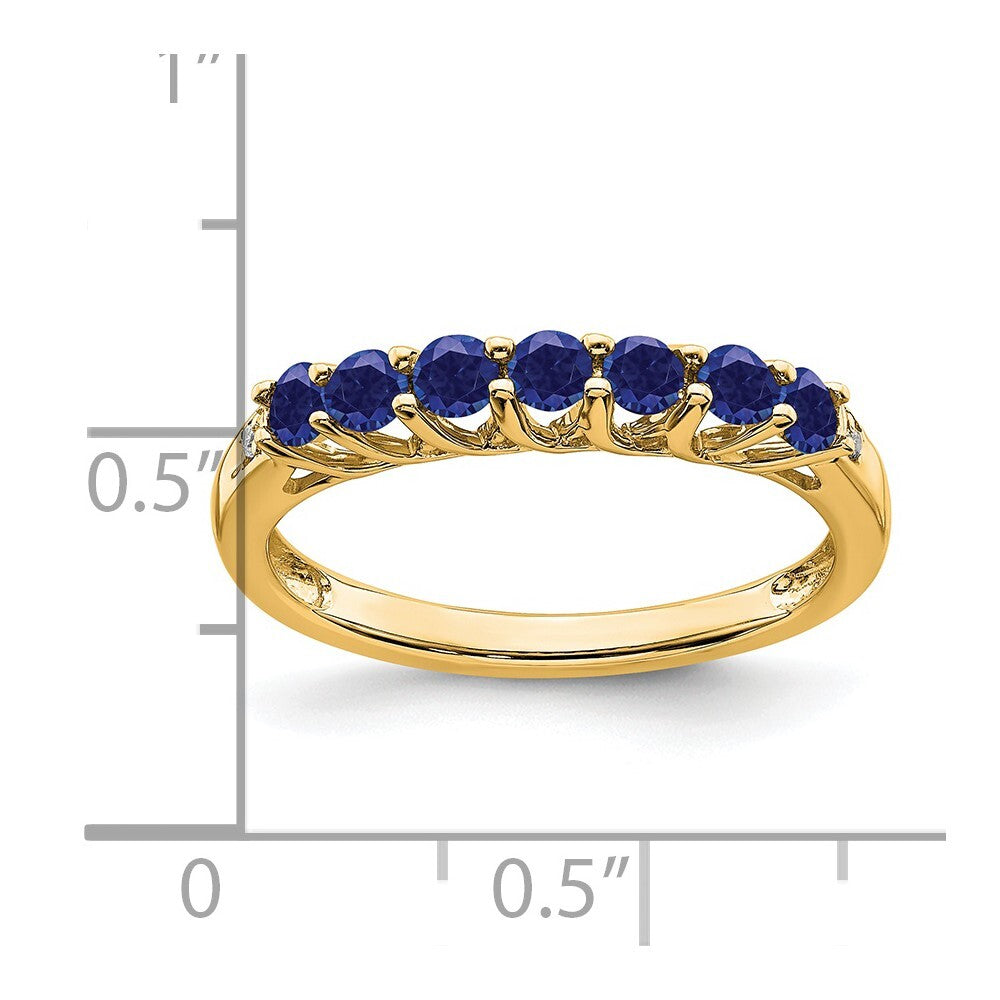 14K Yellow Gold Created Sapphire and Diamond 7-stone Ring Size 7