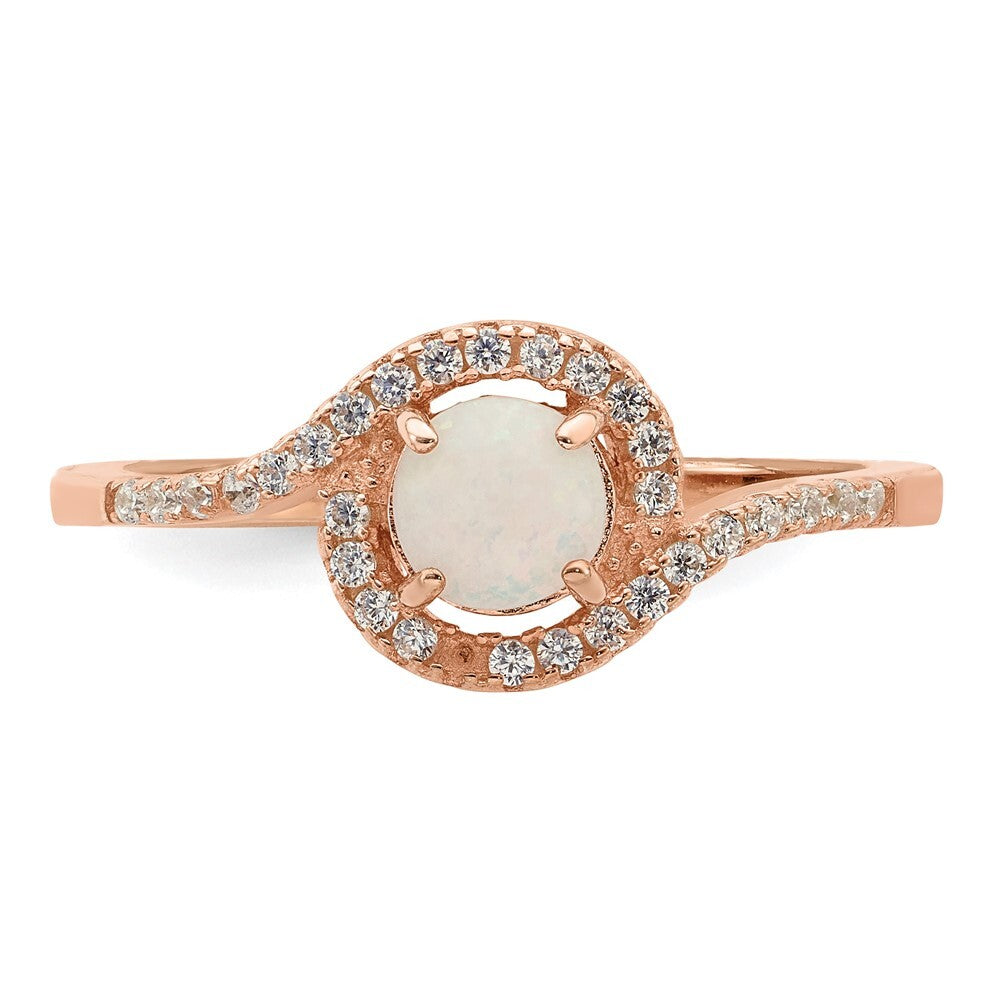 Sterling Silver Rose-tone Created Opal and Cubic Zirconia Halo Ring Size 6