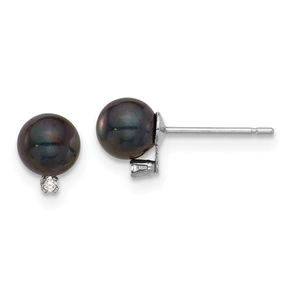 14k Gold 5-6mm Black Akoya Saltwater Cultured Pearl & Diamond Stud Earrings