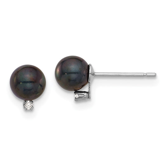14k Gold 5-6mm Black Akoya Saltwater Cultured Pearl & Diamond Stud Earrings