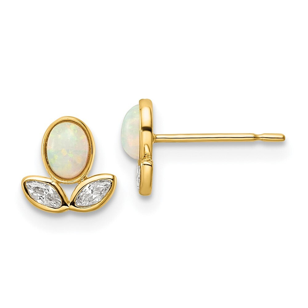 14k Yellow Gold Cubic Zirconia & Created Opal Stud Earrings Gift for Women