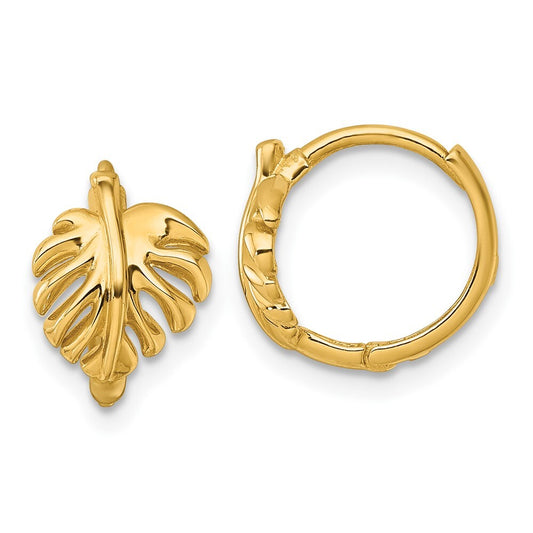 14k Yellow Gold Polished Monstera Leaf Hinged Round Hoop Earrings