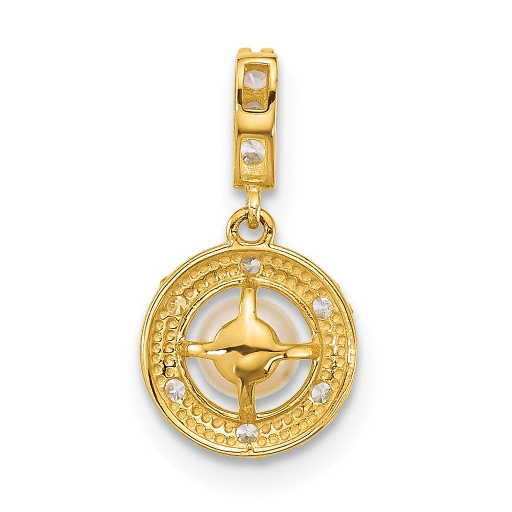 14k Yellow Gold and Grooved White Cultured Pearl and CZ Circle Pendant
