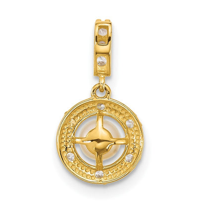 14k Yellow Gold and Grooved White Cultured Pearl and CZ Circle Pendant