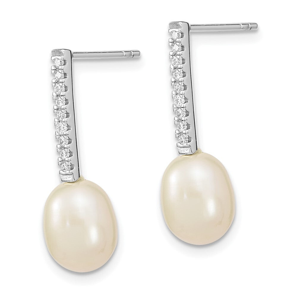 Sterling Silver 8-9mm Rice Cultured Pearl & Cubic Zirconia Post Dangle Earrings